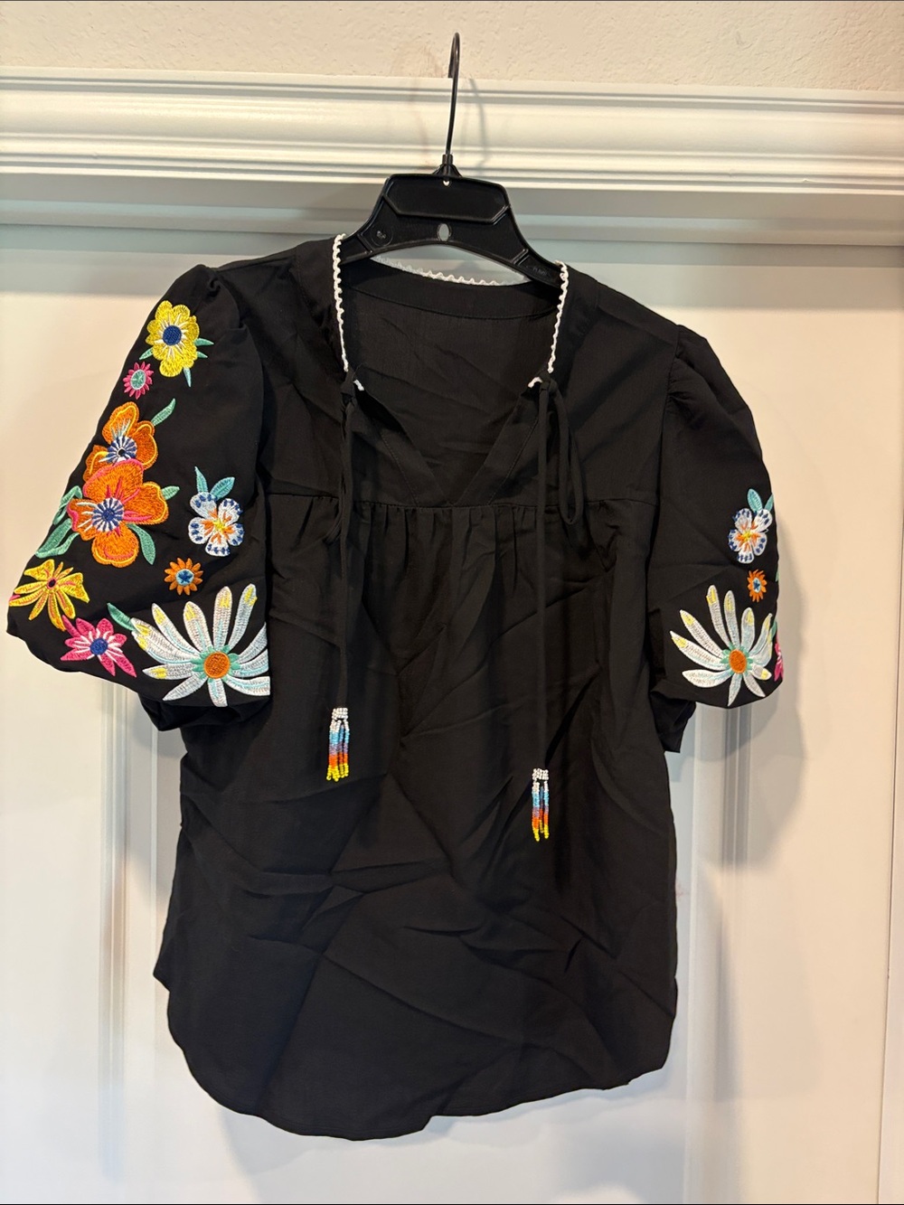 Embroidered Black Peasant Top with Floral Sleeves
